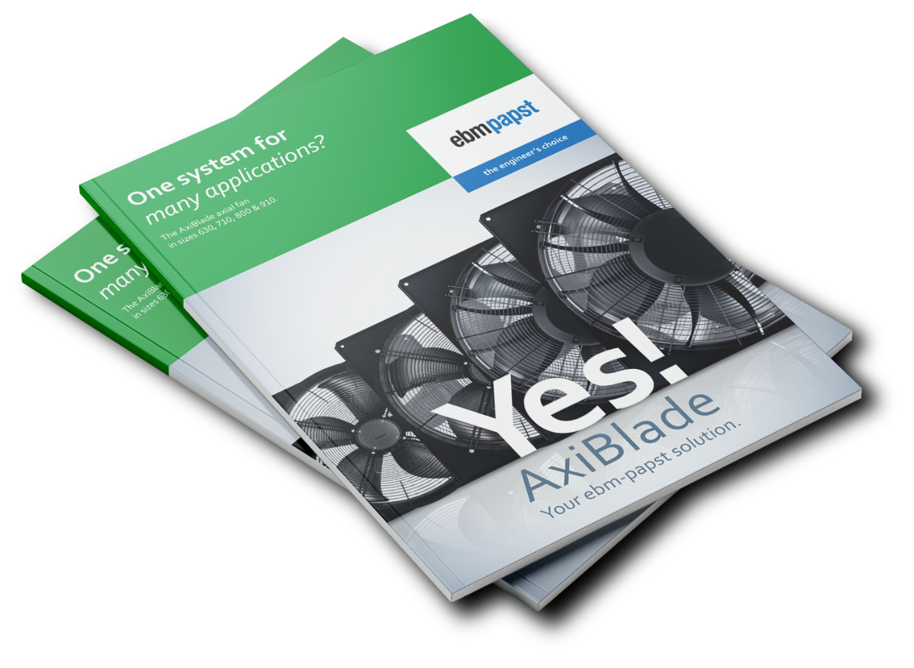 Two brochures entitled &ldquo;Maximize performance even with sizes 630 and 710? Yes! AxiBlade &ndash; your ebm-papst solution&rdquo;